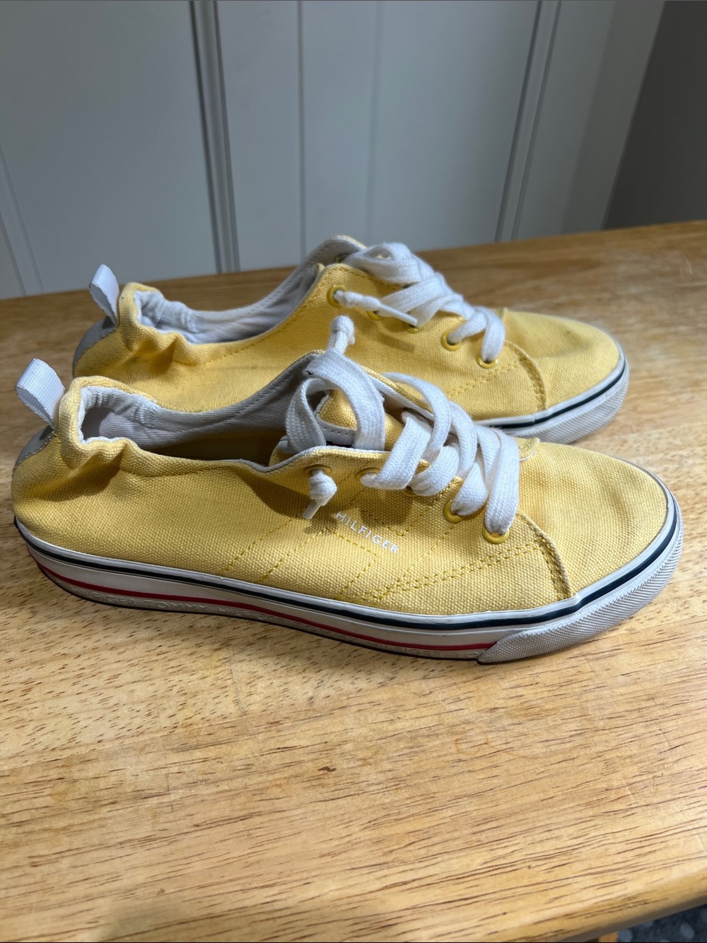 Tommy Hilfiger Yellow Canvas Low-Top Lace-Up Sneakers with Red & Navy Stripe